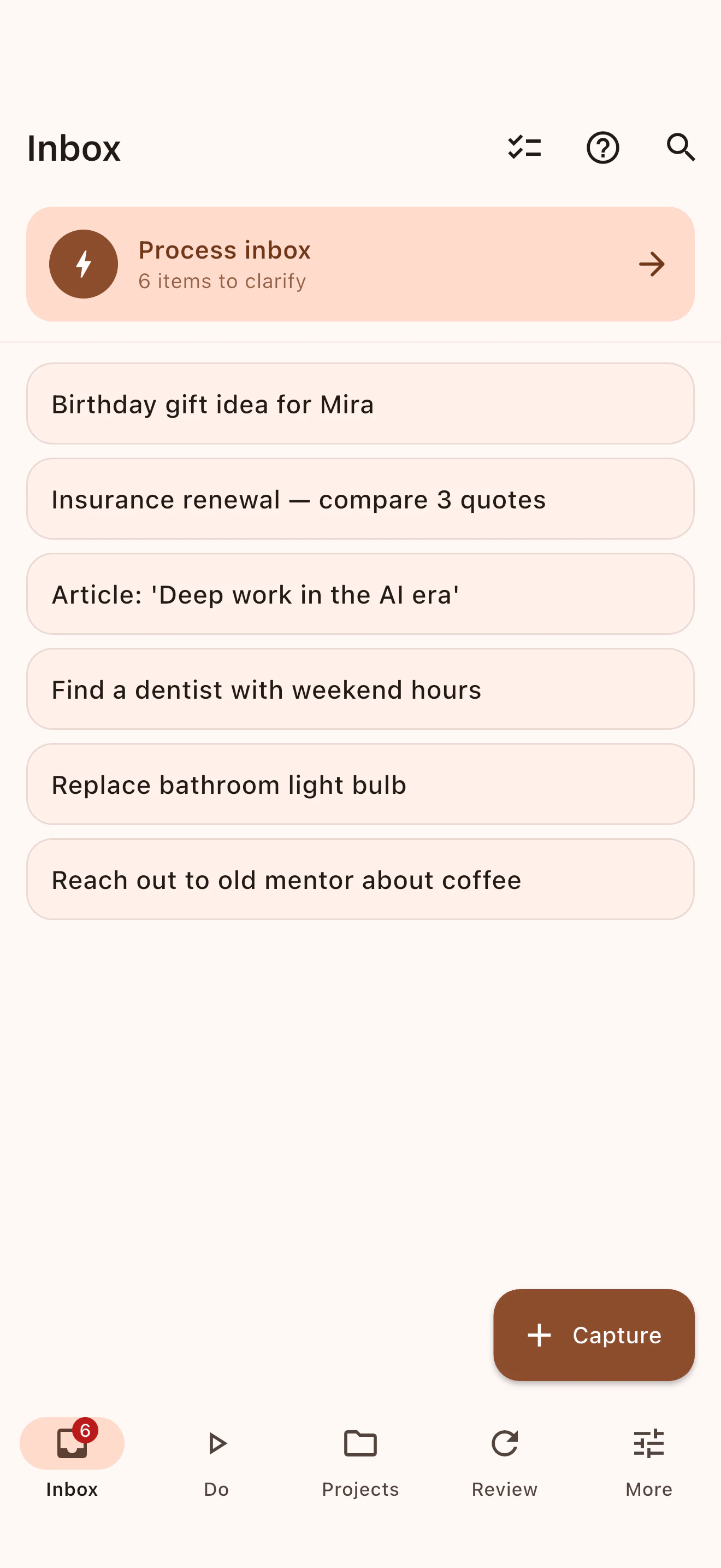 Trayzero inbox with freshly captured thoughts
